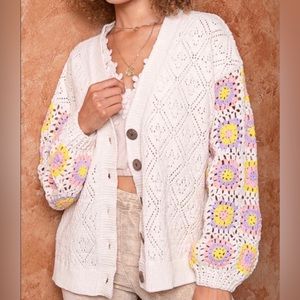 POL Womens Handmade Granny Square Cardigan White Raglan Sleeve crochet NWOT Lrg